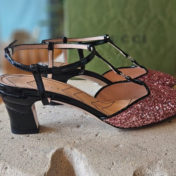 Gucci Pink Glitter Slingback Double G Pumps 55mm - Picture 4 of 8
